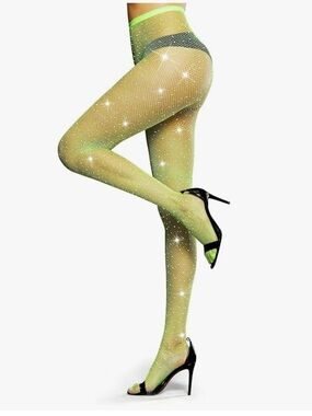 Chartreuse Yellow Rhinestone Fishnet Tights New One Size Fits Most